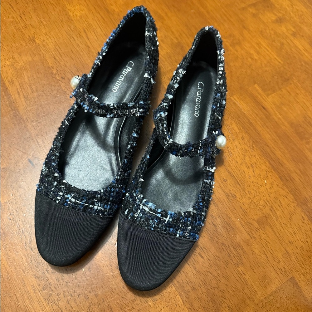 Mary Jane Tweed Flats with Pearl Accent